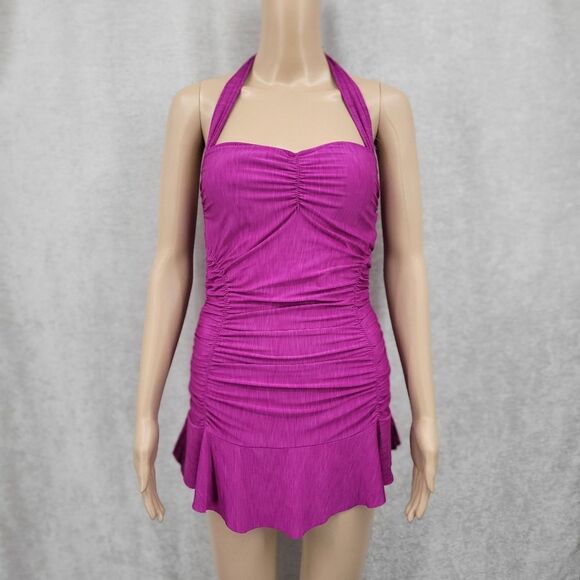 Betsey Johnson Vintage Y2K Purple Halter Ruched One Piece Swimsuit Swim Dress - Picture 1 of 12